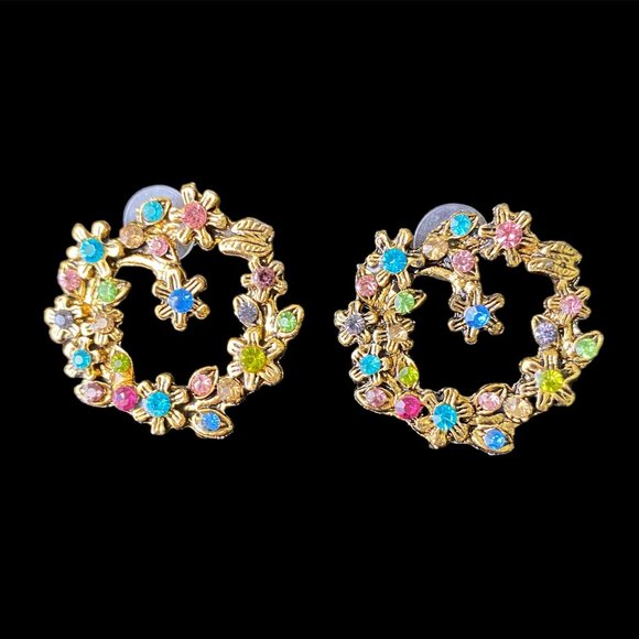 Fashion Jewelry Earrings multi color stones Floral Spring | Gold color Studs - Picture 2 of 4